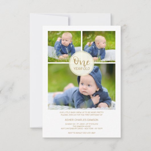 Golden One Year Old Birthday Baby Drie Foto's (Voorkant)