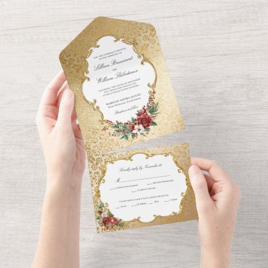Golden Opulence Kerstmis Bloemen Huwelijk All In One Uitnodiging (Afscheurbaar)