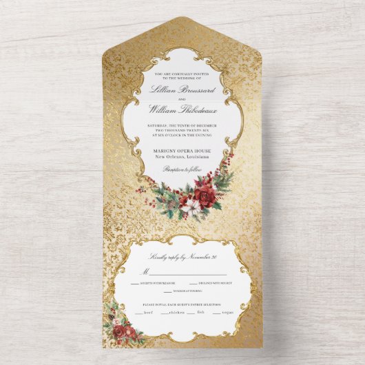 Golden Opulence Kerstmis Bloemen Huwelijk All In One Uitnodiging (Binnen)