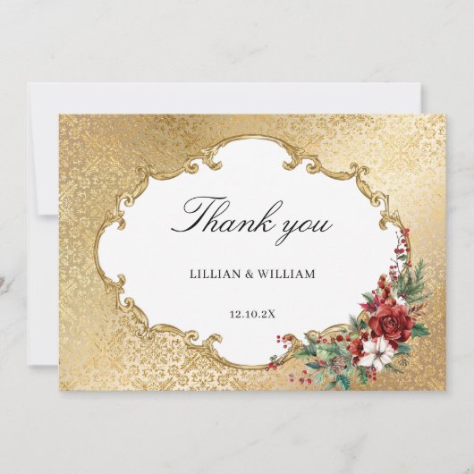 Golden Opulence Kerstmis Bloemen Huwelijk Bedankkaart (Voorkant)