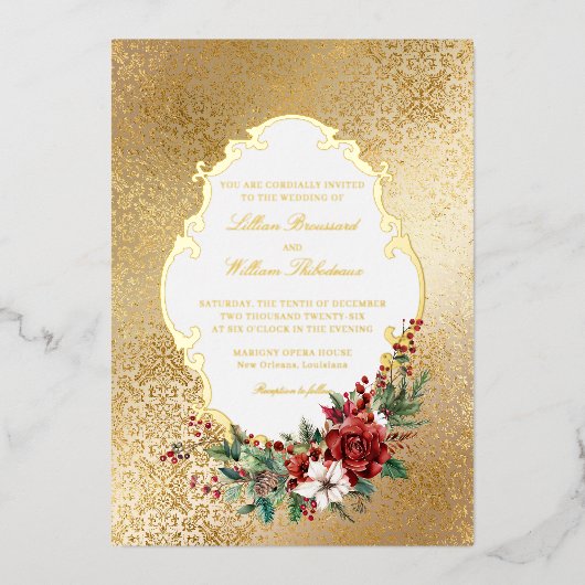 Golden Opulence Kerstmis Bloemen Huwelijk Folie Uitnodiging (Voorkant)