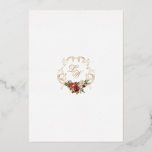 Golden Opulence Kerstmis Bloemen Huwelijk Folie Uitnodiging (Achterkant)