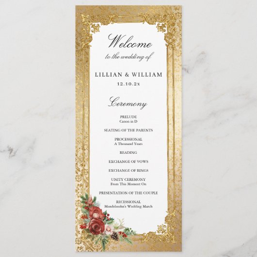 Golden Opulence Kerstmis Bloemen Huwelijk Programmakaart (Voorkant)