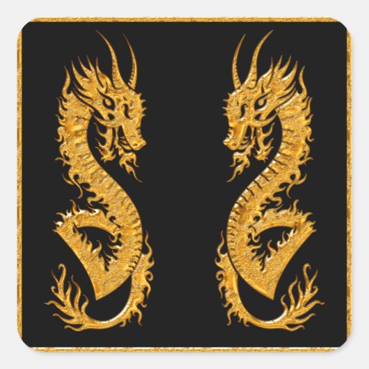 Golden oriental dragon 02 vierkante sticker (Voorkant)