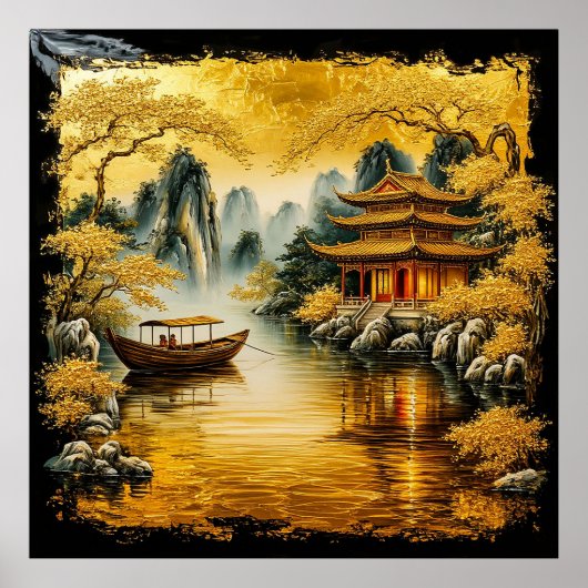 Golden Oriental Lake met een pagode Poster (Voorkant)