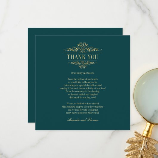 Golden ornament benzine groen chic modern bedankkaart (Voorkant / Achterkant in situ)