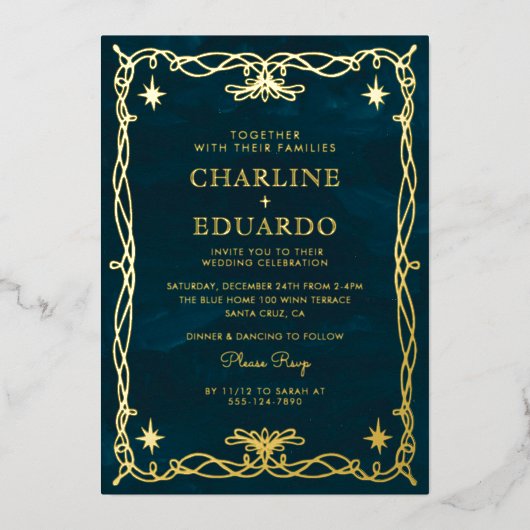 Golden Ornament Celestial Fantasy Ivy Bruiloft Folie Uitnodiging (Voorkant)