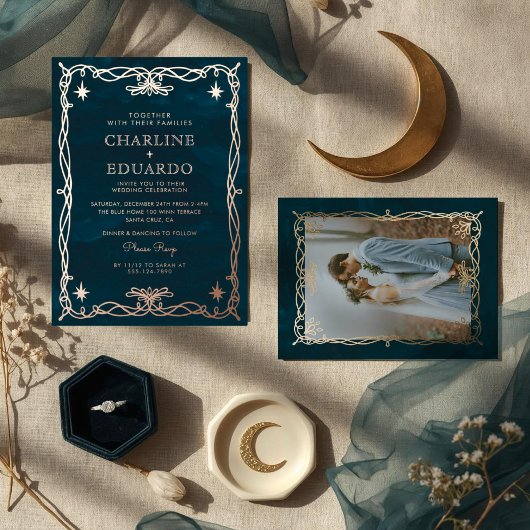 Golden Ornament Celestial Fantasy Ivy Bruiloft Folie Uitnodiging