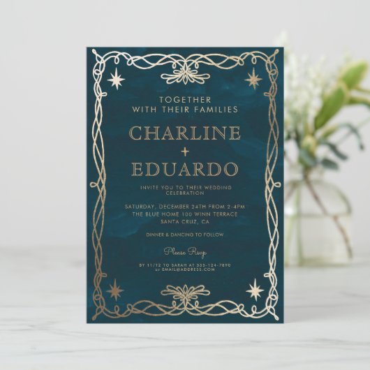 Golden Ornament Celestial Fantasy Ivy Bruiloft Kaart (Staand voorkant)
