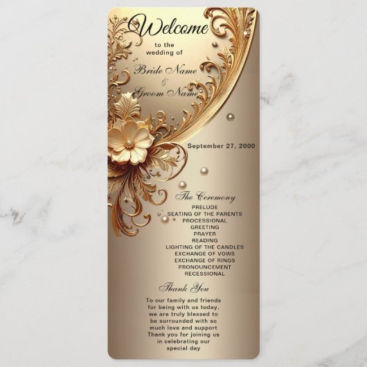 Golden Ornate Floral Wedding  Program Programmakaart (Voorkant)