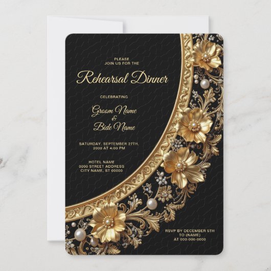 Golden Ornate Frame Rehearsal Dinner Kaart (Voorkant)