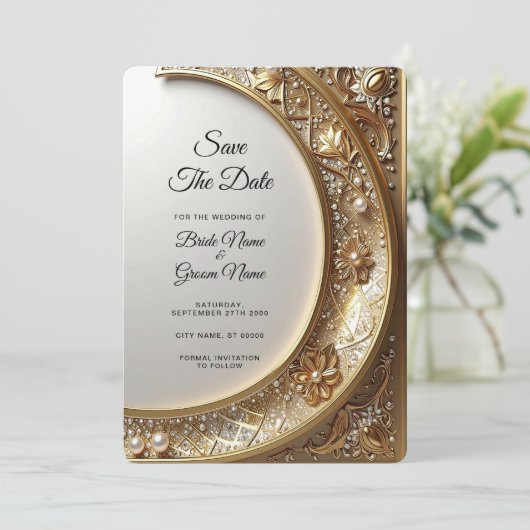 Golden Ornate Frame Save the Date (Staand voorkant)