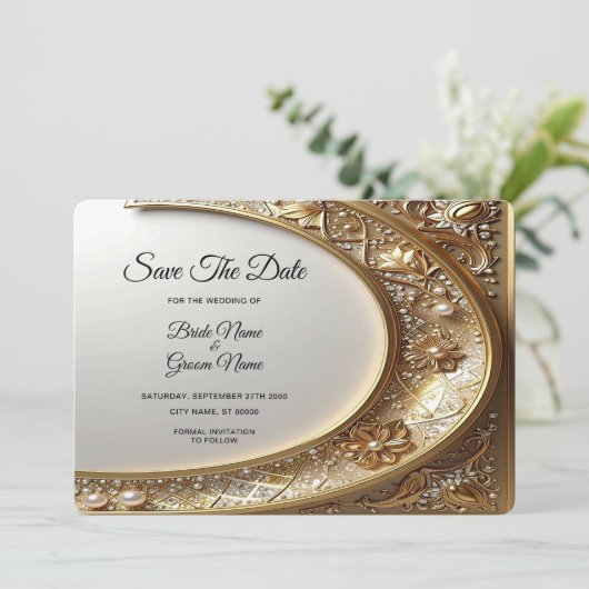 Golden Ornate Frame Save The Date (Staand voorkant)