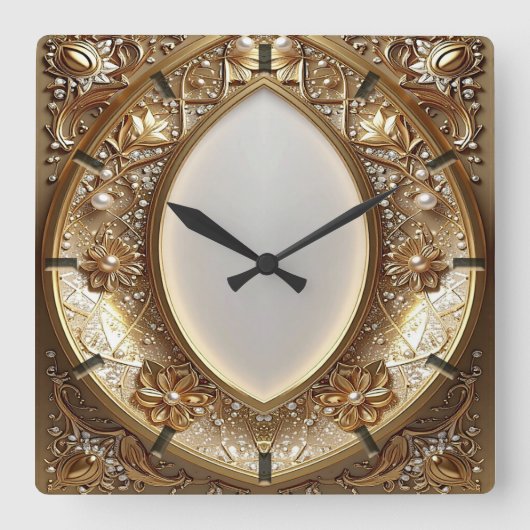 Golden Ornate Frame Wall Clock Vierkante Klok (Voorkant)