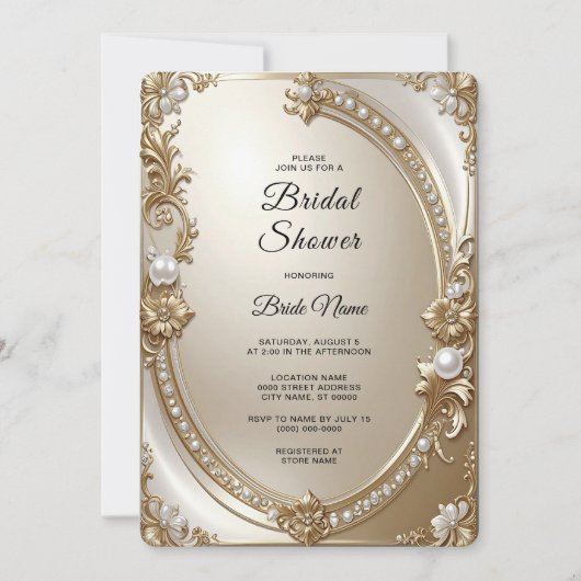 Golden Ornate Frame with Pearls Bridal Shower Kaart (Voorkant)