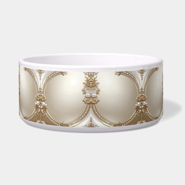 Golden Ornate Frame with Pearls Ceramic Pet Bowl Voerbakje (Voorkant)