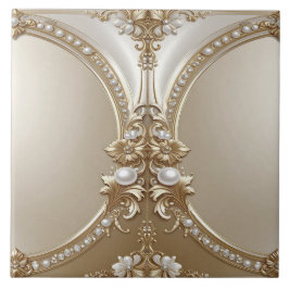 Golden Ornate Frame with Pearls Ceramic Tile Tegeltje