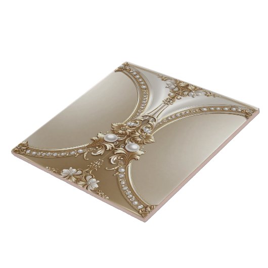 Golden Ornate Frame with Pearls Ceramic Tile Tegeltje (Zijkant)