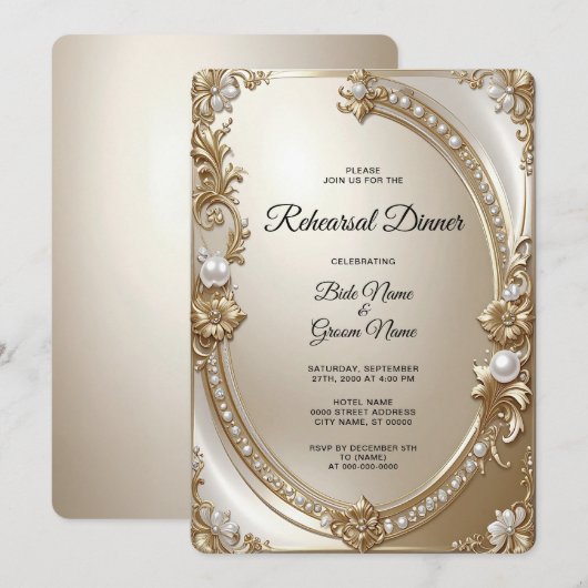 Golden Ornate Frame with Pearls Rehearsal Dinner Kaart (Voorkant / Achterkant)