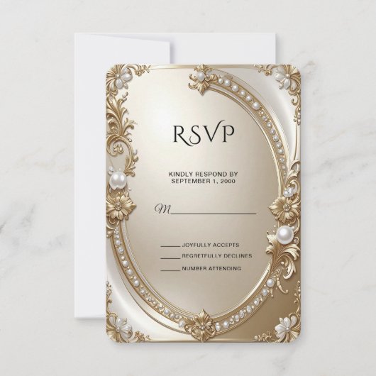 Golden Ornate Frame with Pearls RSVP Card (Voorkant)