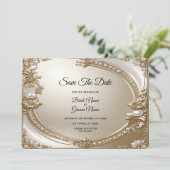 Golden Ornate Frame with Pearls Save The Date (Staand voorkant)