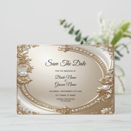 Golden Ornate Frame with Pearls Save The Date (Staand voorkant)