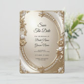 Golden Ornate Frame with Pearls Save the Date (Staand voorkant)