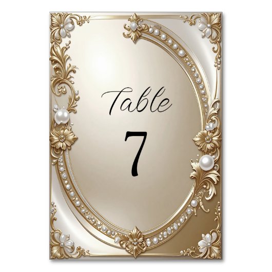 Golden Ornate Frame with Pearls Table Number Kaart (Voorkant)