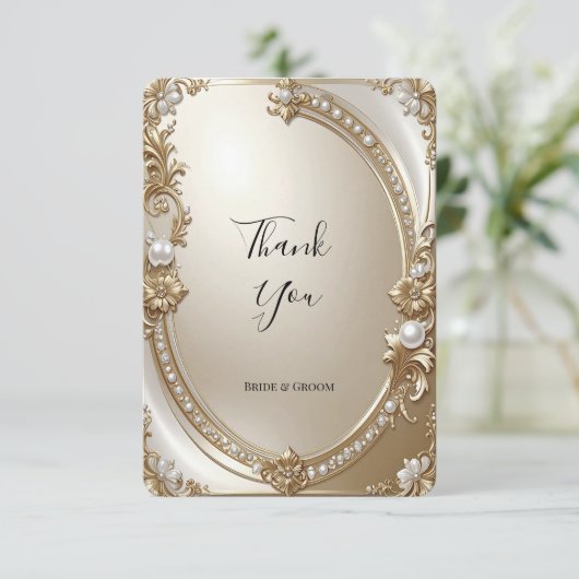 Golden Ornate Frame with Pearls Thank You Card Bedankkaart (Staand voorkant)