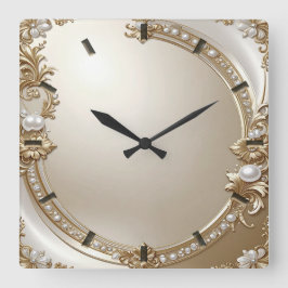 Golden Ornate Frame with Pearls Wall Clock Vierkante Klok
