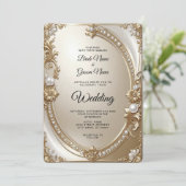 Golden Ornate Frame with Pearls Wedding Invitation Kaart (Staand voorkant)