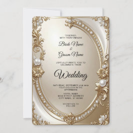 Golden Ornate Frame with Pearls Wedding Invitation Kaart