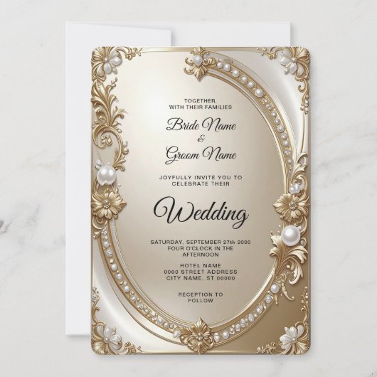 Golden Ornate Frame with Pearls Wedding Invitation Kaart (Voorkant)