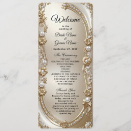 Golden Ornate Frame with Pearls Wedding Program Programmakaart