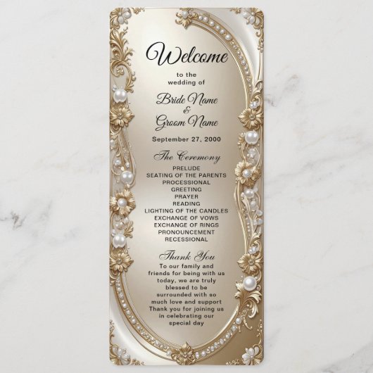 Golden Ornate Frame with Pearls Wedding Program Programmakaart (Voorkant)