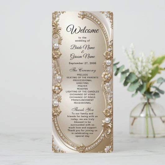 Golden Ornate Frame with Pearls Wedding Program Programmakaart (Staand voorkant)