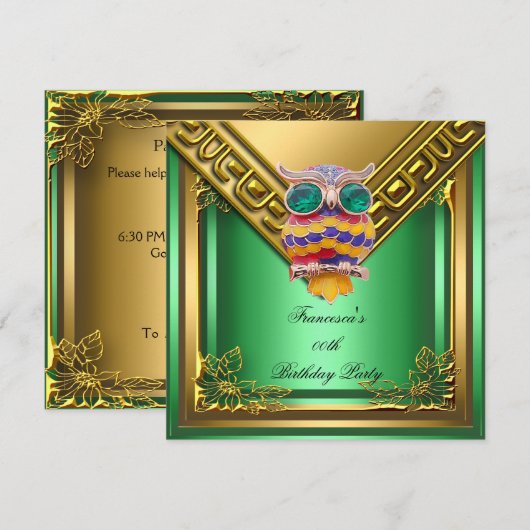 Golden Owl Elite Elegant Birthday Party Green Kaart (Voorkant / Achterkant)