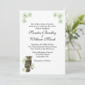 Golden Owl en Green Flowers Wedding Invitation Kaart (Staand voorkant)