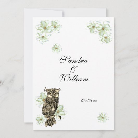 Golden Owl en Green Flowers Wedding Invitation Kaart (Achterkant)