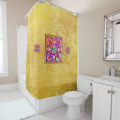 Golden & Paarse Mexicaanse Huichol Boho Folk Art Douchegordijn (In situ)