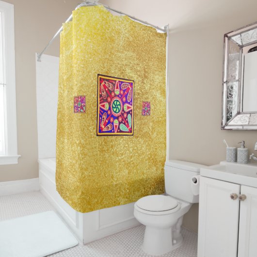 Golden & Paarse Mexicaanse Huichol Boho Folk Art Douchegordijn (In situ)