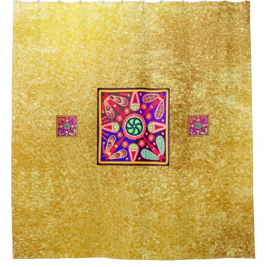 Golden & Paarse Mexicaanse Huichol Boho Folk Art Douchegordijn (Voorkant)