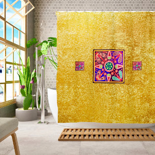 Golden & Paarse Mexicaanse Huichol Boho Folk Art Douchegordijn