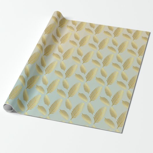 Golden palm bladerpatroon en blauw cadeaupapier (Uitgerold)