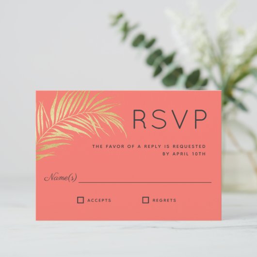 Golden Palm Frond Modern Minimalist RSVP Kaartje (Staand voorkant)