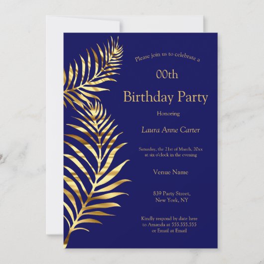 Golden Palm Navy Blue Gold Birthday Party Kaart (Voorkant)