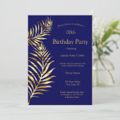 Golden Palm Navy Blue Gold Birthday Party Kaart (Staand voorkant)