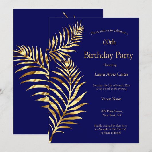 Golden Palm Navy Blue Gold Birthday Party Kaart (Voorkant / Achterkant)