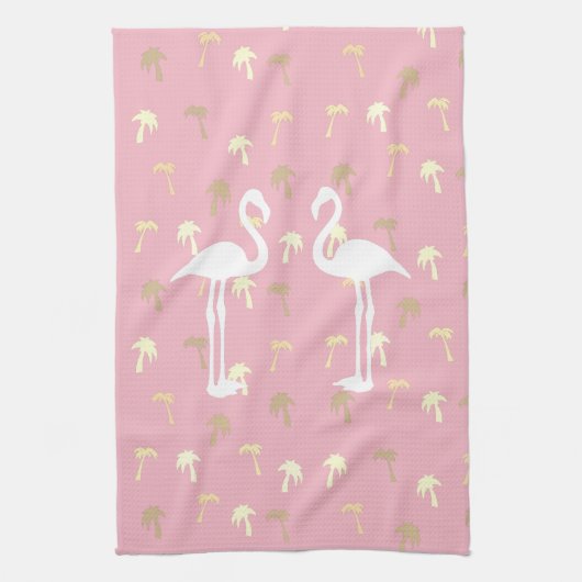 Golden Palm Trees Two White Flamingo Birds Theedoek (Verticaal)