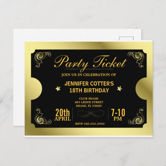 Golden Party Ticket Briefkaart (Voorkant / Achterkant)